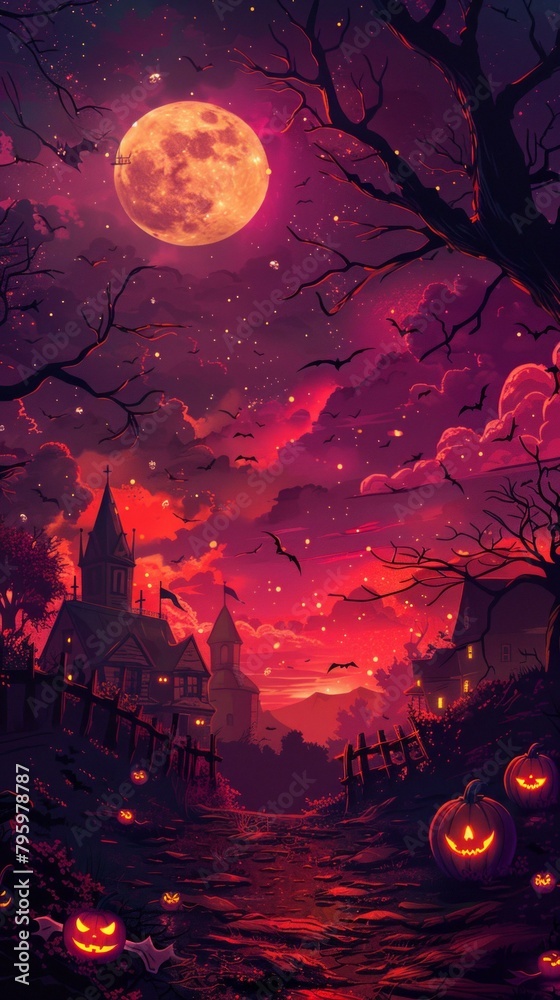 b'Halloween night spooky moon creepy village'