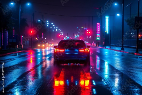 b'A blue sports car drives through a wet city street at night with red and blue neon lights reflecting off the pavement'