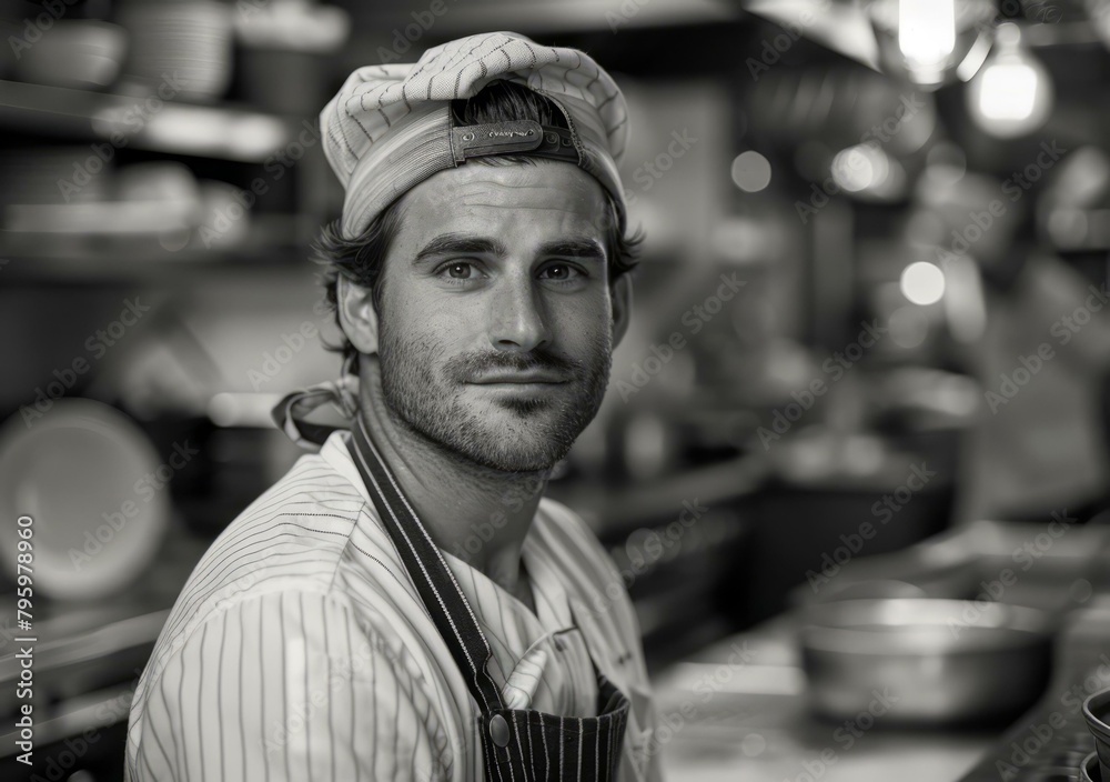 b'Portrait of a male chef in a kitchen' b'Portrait of a male chef in a kitchen'