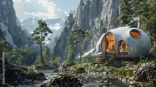 Capture the essence of innovation amidst nature by illustrating futuristic technologies seamlessly integrated into a wilderness camping setting Experiment with unexpected camera angles to evoke a sens