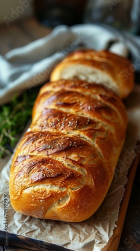 Loaf of braided bread with sesame seeds on a wooden board