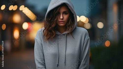 b'Portrait of a young woman in a gray hoodie looking at the camera with a serious expression' © Adobe Contributor