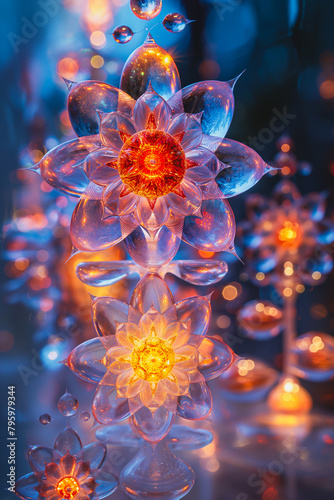 A beautiful flower made of glass is lit up with a warm orange glow © Anek