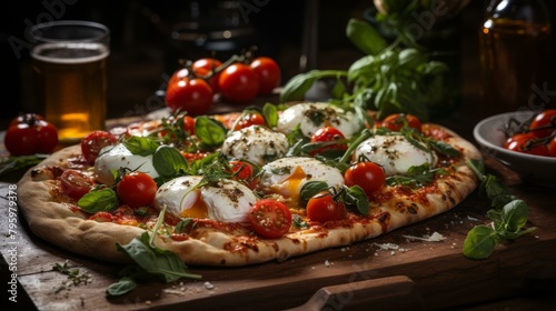 b'Pizza with poached eggs, tomatoes and basil'