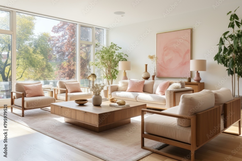 Fototapeta premium b'Airy living room with large windows and neutral-colored furniture'