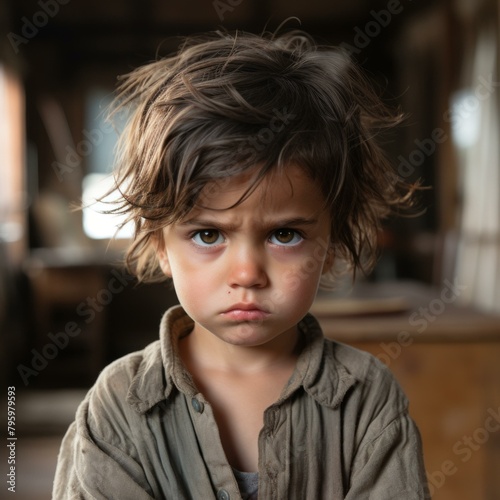 b'Portrait of a young boy with a serious expression on his face'