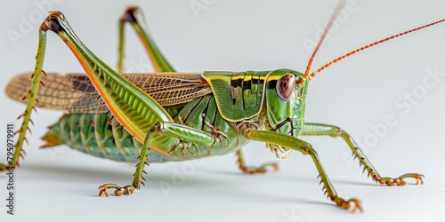 b'A green grasshopper on a white background'