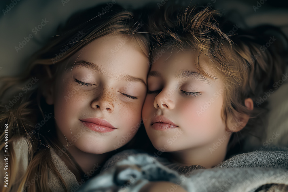 Two children are sleeping in a bed, one of them has a nosebleed Two children are sleeping in a bed, one of them has a nosebleed