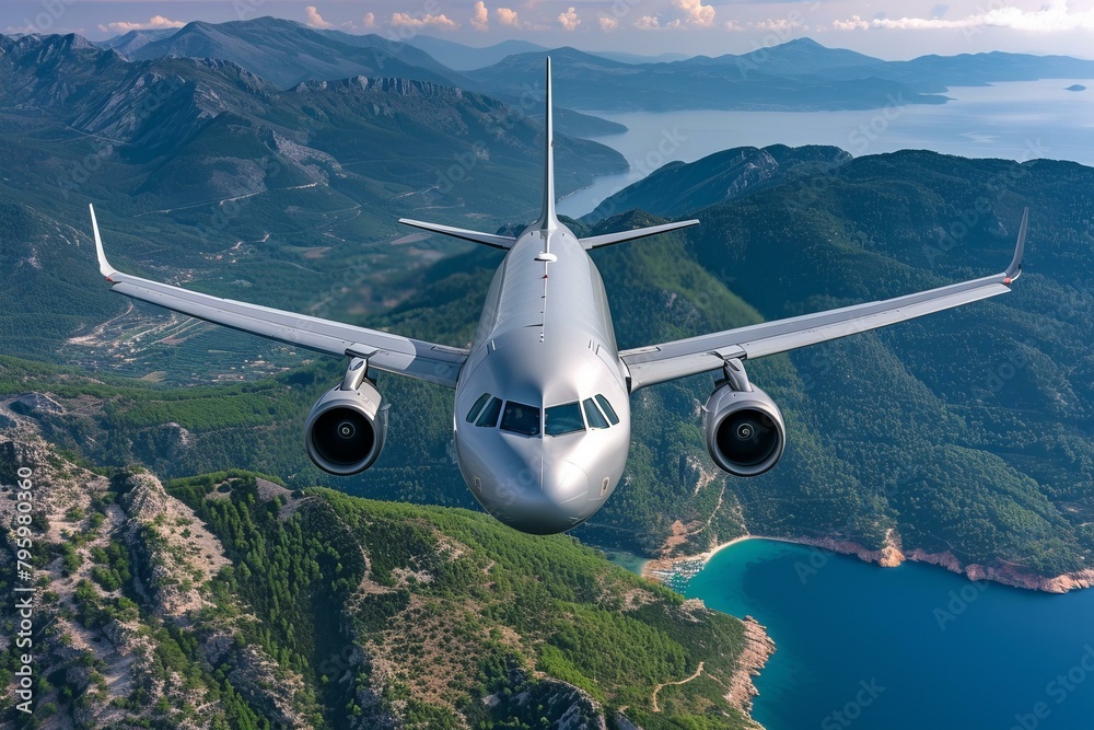 Fototapeta premium b'airplane flying over mountains and sea'