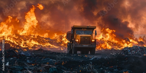A dump truck drives through a landfill on fire