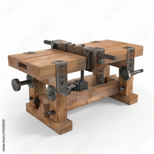 3D Render of a vise attached to a workbench with a piece of metal clamped inside, on isolated white background, Generative AI 