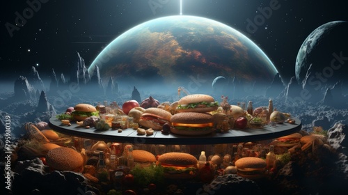 b'A table full of burgers and other food items with the Earth in the background'