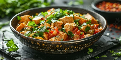 b'Chicken stew with vegetables and spices in a bowl'