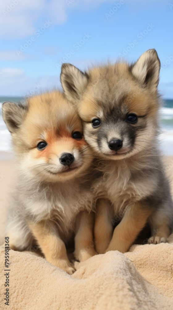 b'Two Adorable Fluffy Puppies Sitting on the Beach'