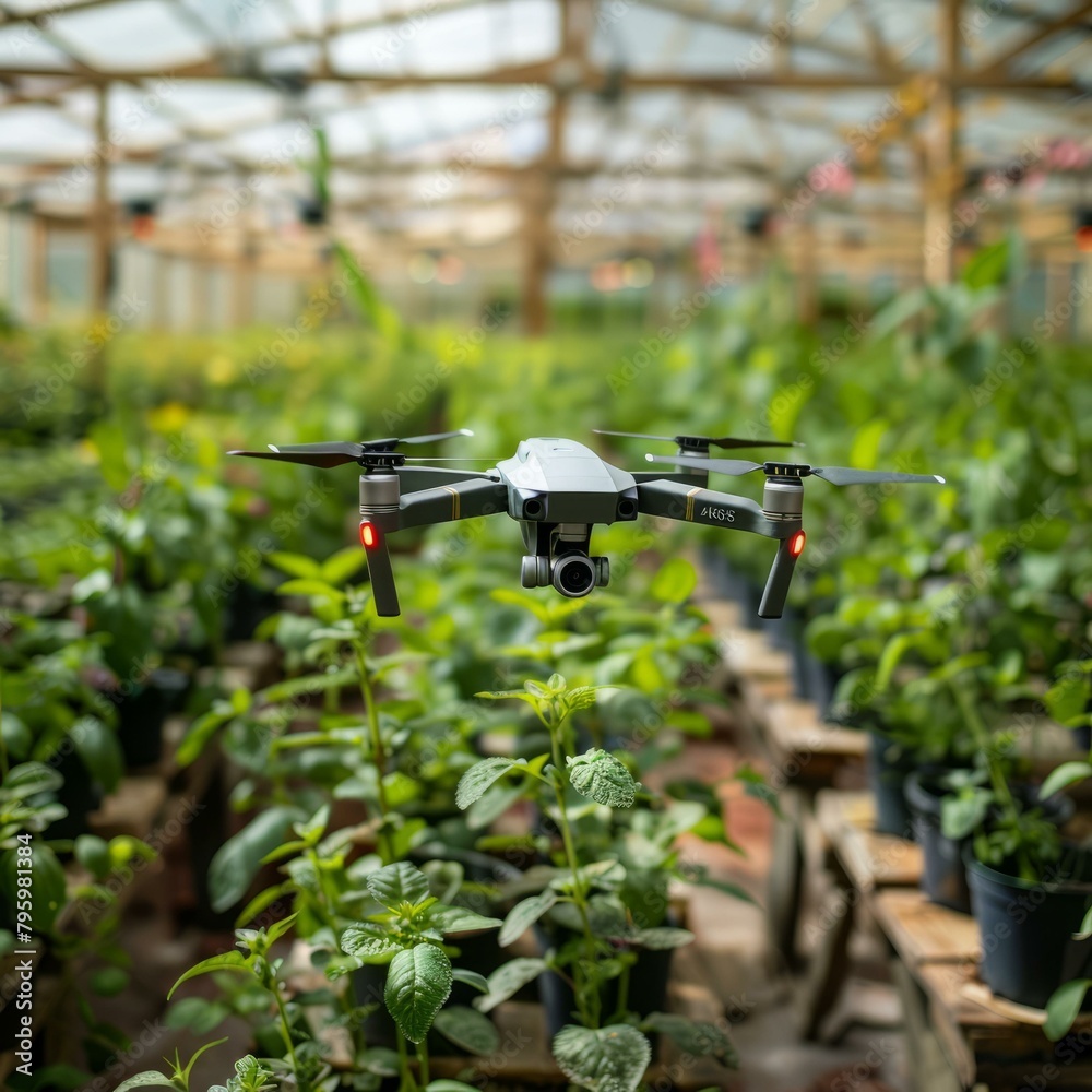 b'A drone is flying over a greenhouse full of green plants.' b'A drone is flying over a greenhouse full of green plants.'