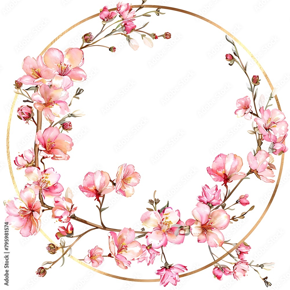Round flower frame. Golden frame with branches blooming flowers. Garden wreath pink azaleas. Hand drawn watercolor illustration white background for design wedding invitations, cards. Generative Ai