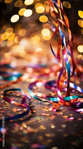 b'Colorful streamers and confetti on a dark background' photo