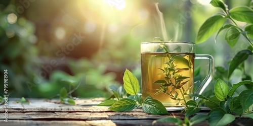 A cup of lemon verbena tea with lemon verbena leaves kept on a wooden surface with nature backdrop and a big space for text or product advertisement backdrop, Generative AI.