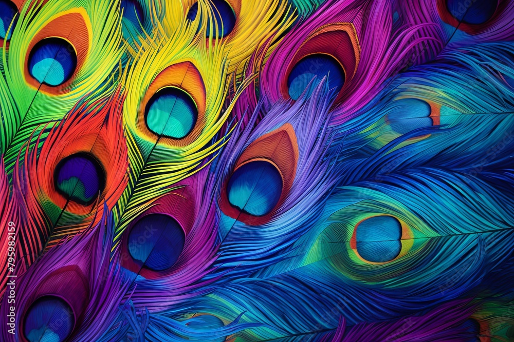 Obraz premium Vibrant Peacock Feather Gradients: Multihued Feather Design Explosion