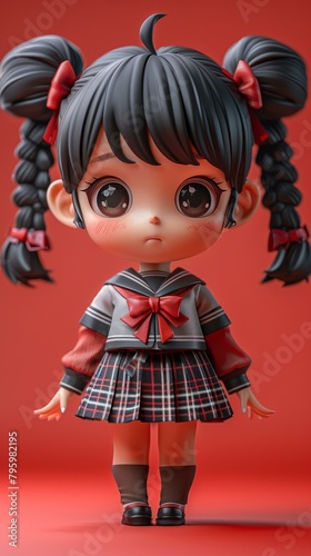 b'3D illustration of a cute anime girl with black hair and red bow'