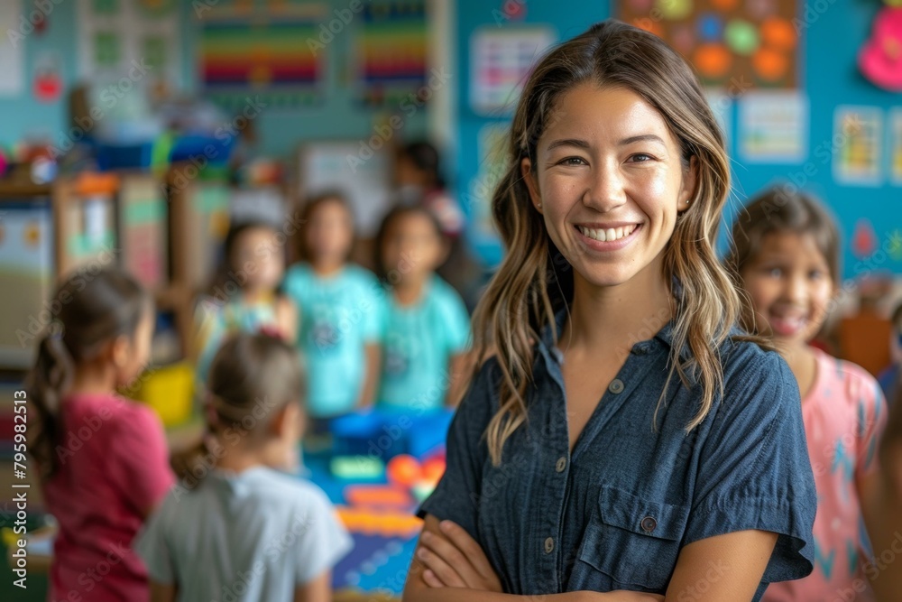 Obraz premium A smiling teacher standing in a classroom with her arms crossed.