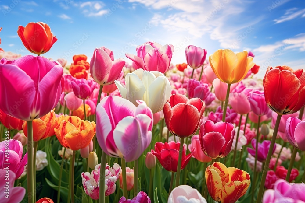 Vibrant Tulip Field Panorama: Lush Gradients in Full Bloom