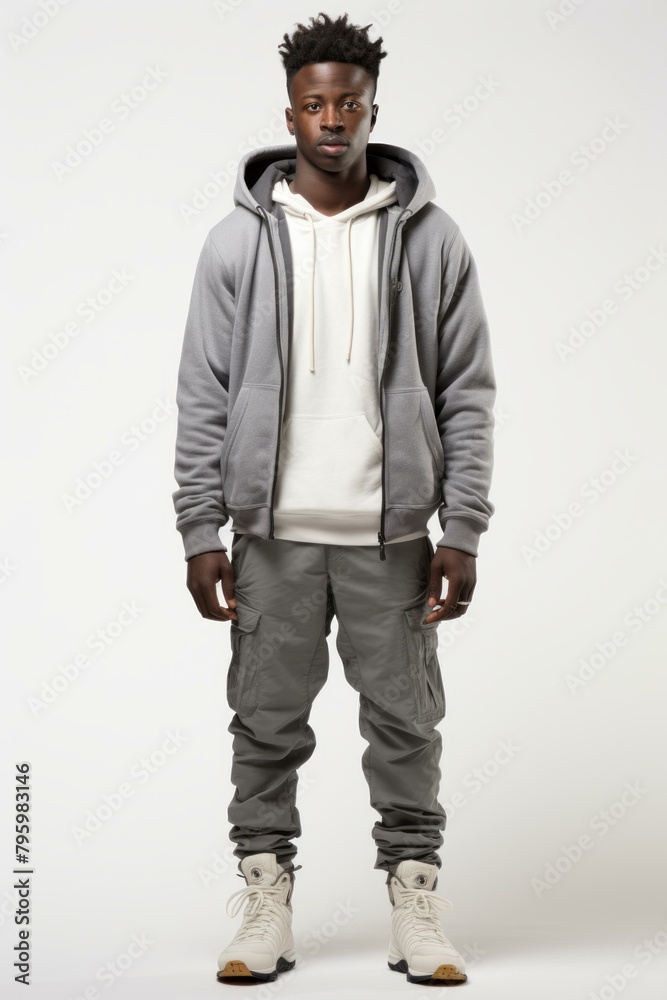 Fototapeta premium b'A man wearing a gray zip-up hoodie and gray cargo pants.'