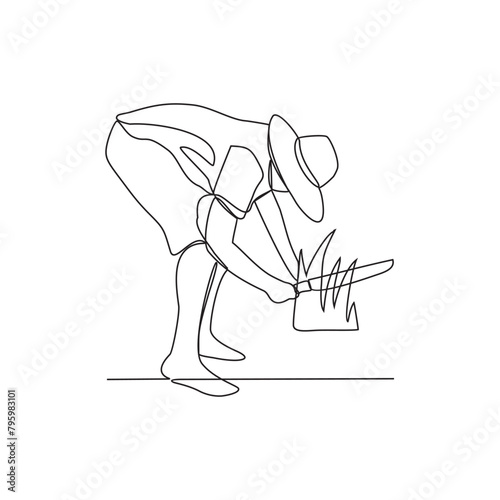 One continuous line drawing of Farmer activity vector illustration with white background. Farmer activity are preparing the soil, seeding, irrigating, weeding, and collecting the mature crops.