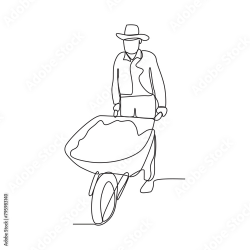 One continuous line drawing of Farmer activity vector illustration with white background. Farmer activity are preparing the soil, seeding, irrigating, weeding, and collecting the mature crops.