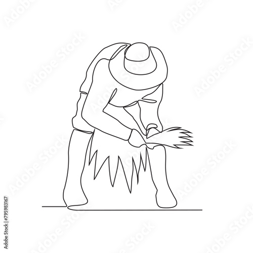 One continuous line drawing of Farmer activity vector illustration with white background. Farmer activity are preparing the soil, seeding, irrigating, weeding, and collecting the mature crops.