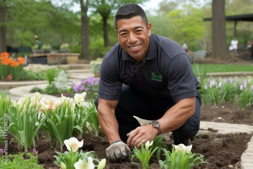 b'A smiling man planting flowers in a garden'