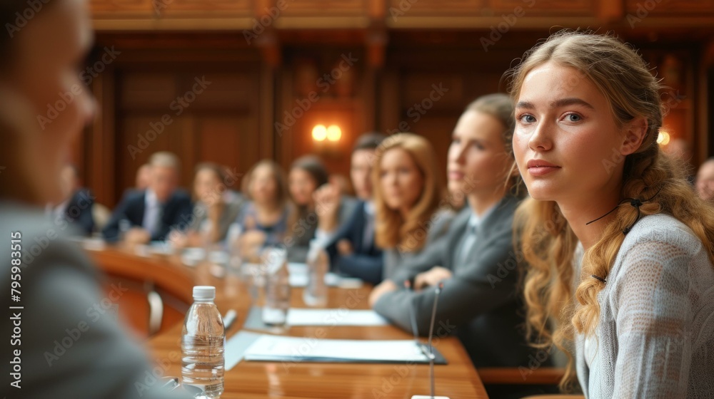 b'Portrait of a young blonde woman in a conference room'