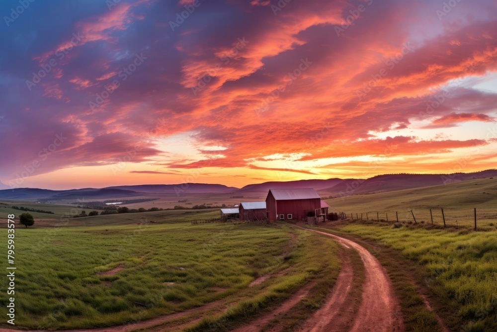 Fototapeta premium b'Country road at sunset with a red barn in the distance'