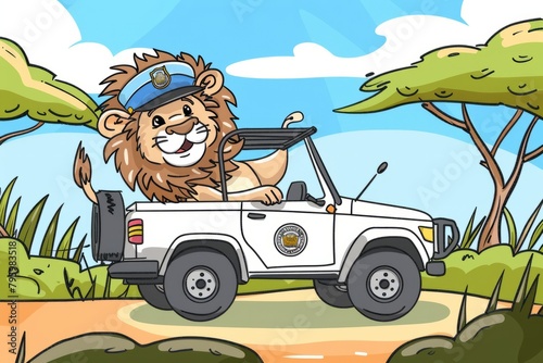 Cartoon cute doodles of a fearless police officer lion patrolling the savanna on a safari jeep, with a mane-shaped hat atop its head, Generative AI photo