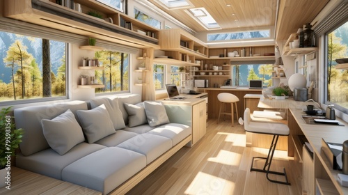 b'A cozy living space in a modern tiny house with large windows and a beautiful view of the mountains.'