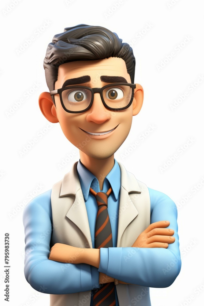 b'A 3D illustration of a male doctor wearing glasses, a tie, and a lab coat'