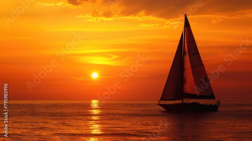A sunset cruise with a silhouette of a sail against the orange sky