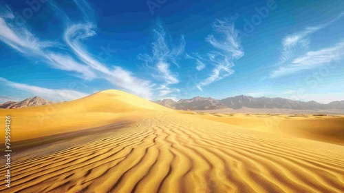 Golden sand dunes under a clear blue sky