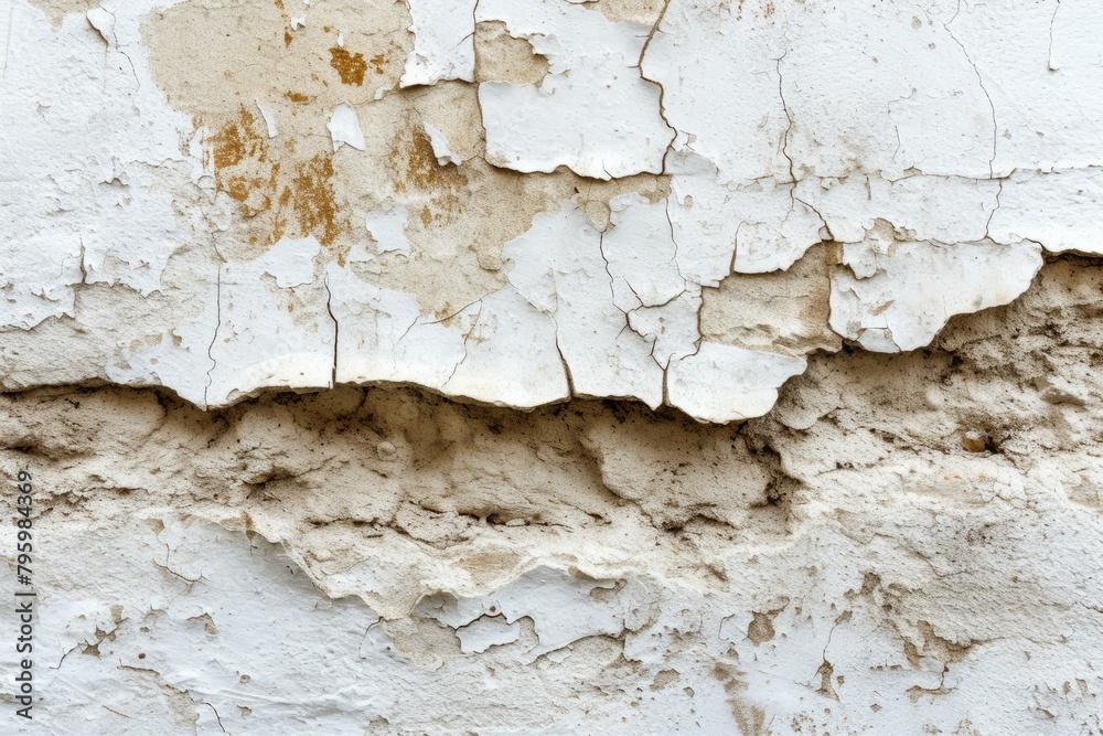 Fototapeta premium b'Close up of a weathered and cracked white painted concrete wall texture background'