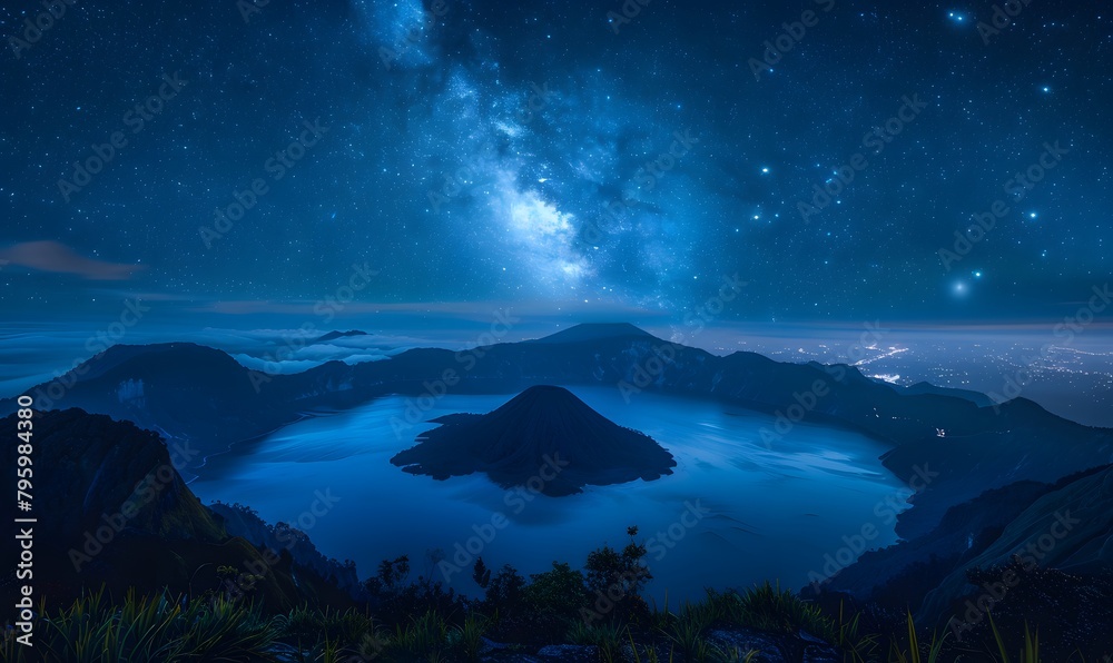 The view of the mountains at night looks dark blue decorated with a night sky full of stars. The view of the mountains at night looks dark blue decorated with a night sky full of stars.