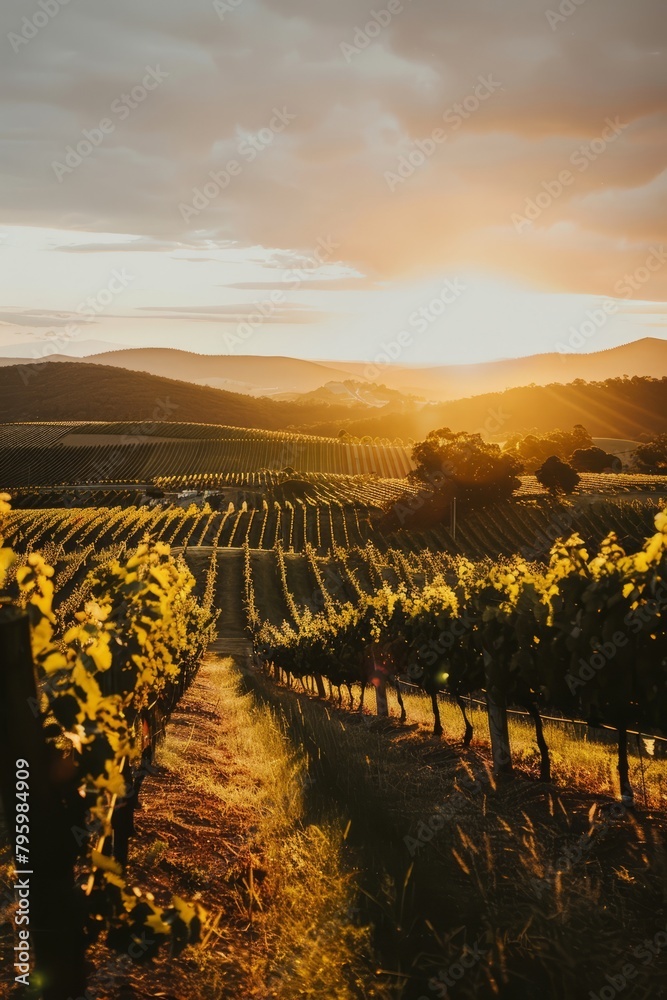 Fototapeta premium Vineyard Bathed in The Warm Glow of Golden Hour, With Rows of Grapevines Stretching Into The Distance And The Sun Setting Behind Rolling Hills, Generative AI
