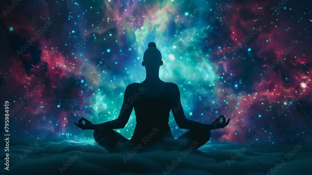 Astral body silhouette meditates in lotus pose against cosmic backdrop, Ai Generated