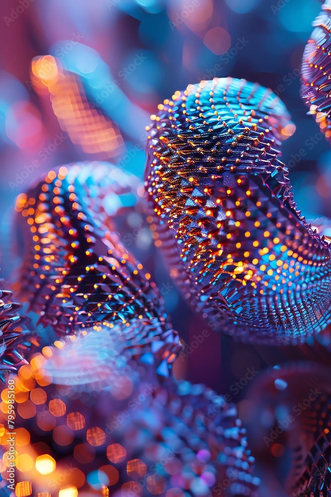 Obraz premium Nanotechnology particles assembling, metallic sheen, close-up, dim light, high detail, 