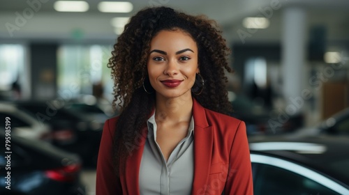 b'Portrait of a young African-American woman in a red suit standing in a car dealership'