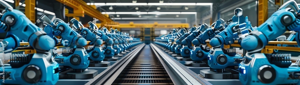 Robotics assembly line, robots building robots, wide factory view, industrial blue tones, high contrast, vivid colors, detailed illustration, , ing, realistic, high resolution, Robotics assembly line, robots building robots, wide factory view, industrial blue tones, high contrast, vivid colors, detailed illustration, , ing, realistic, high resolution,
