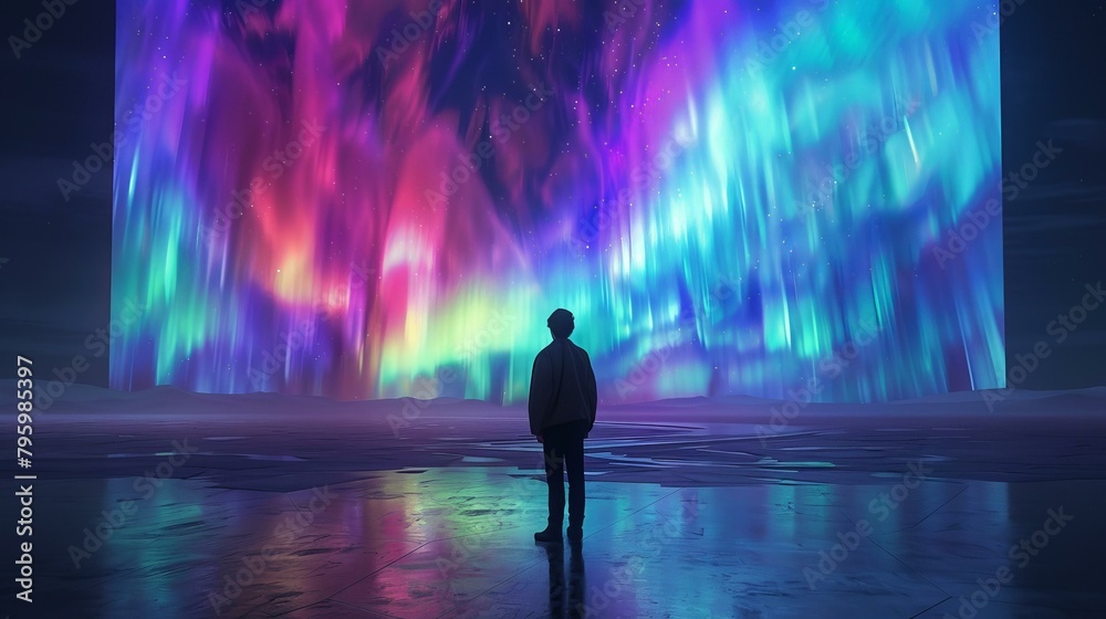 b'Boy standing alone in front of beautiful aurora borealis' b'Boy standing alone in front of beautiful aurora borealis'