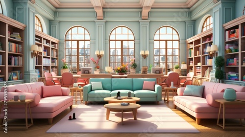 b'A beautiful living room with a lot of bookshelves and windows' photo