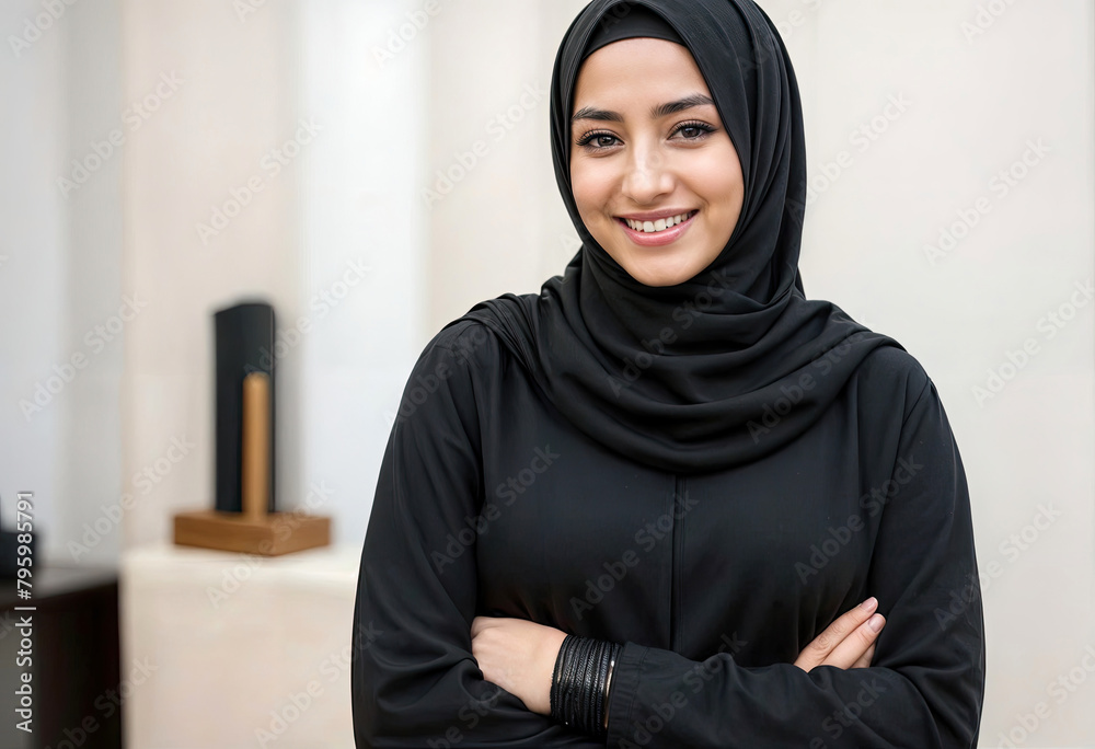 Smiling Woman in Traditional Abaya and Hijab in Hotel Lobby with Islamic Design Smiling Woman in Traditional Abaya and Hijab in Hotel Lobby with Islamic Design