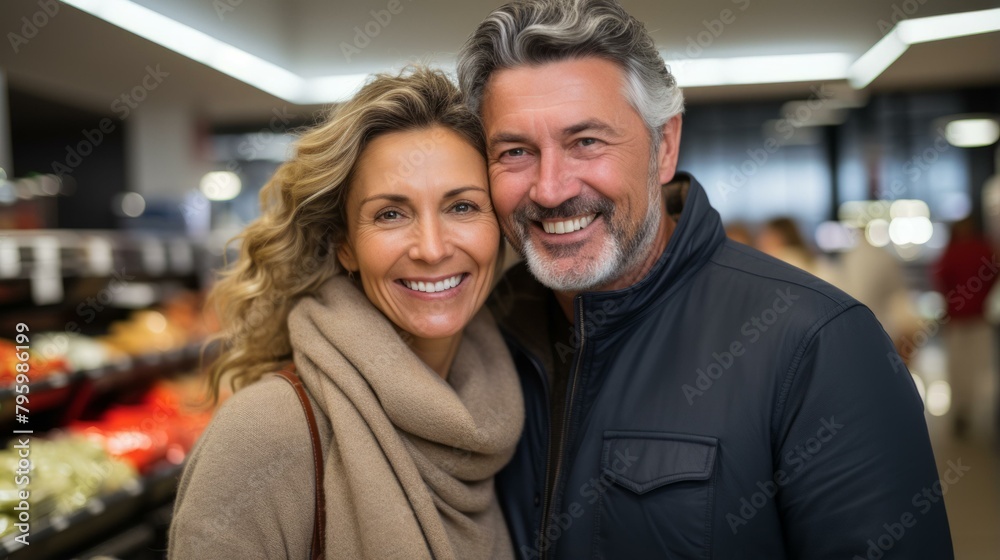 b'Happy couple smiling in a grocery store' b'Happy couple smiling in a grocery store'