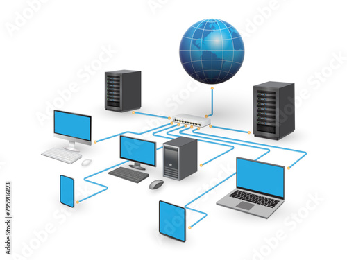 Lan network 3D diagram for business and technology concept. WAN of computer networking vector.